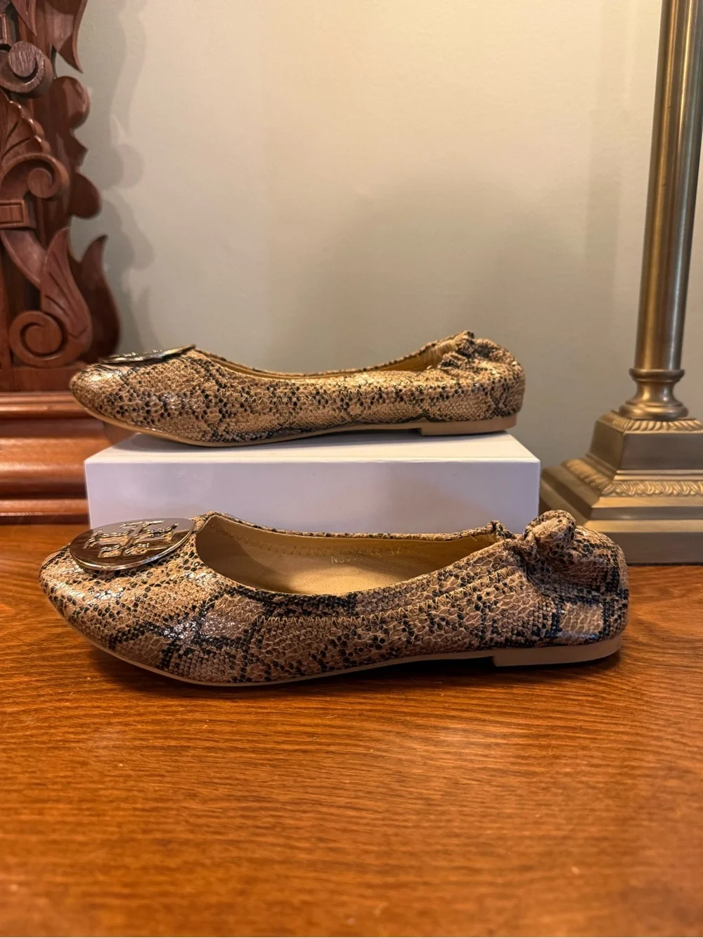 Tory Burch Reva Brown Snakeskin Gold Logo Ballet Flats Size UK 37/US 6 $328